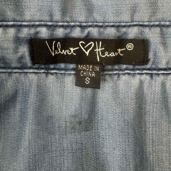 Velvet Heart Women's Knee Length Denim Shirt Dress Blue 3/4 Roll Sleeve Collared - Picture 6 of 10